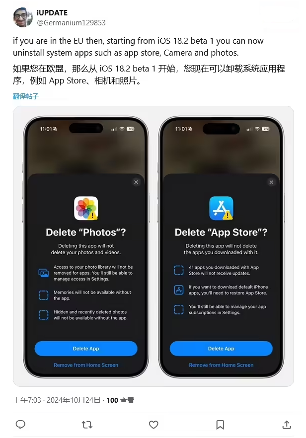 宾阳苹果手机维修分享iOS 18.2 支持删除 App Store 应用商店 