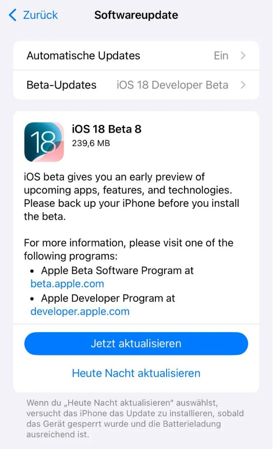 宾阳苹果手机维修分享苹果 iOS / iPadOS 18 开发者预览版 Beta 8 发布 